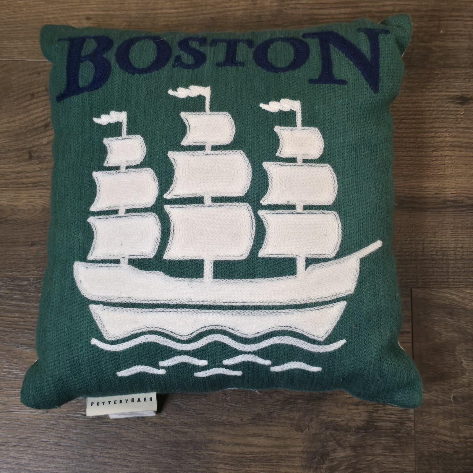 Pottery Barn Boston Tall Ship Pillow 12x12 Green Navy Embroidered Cotton