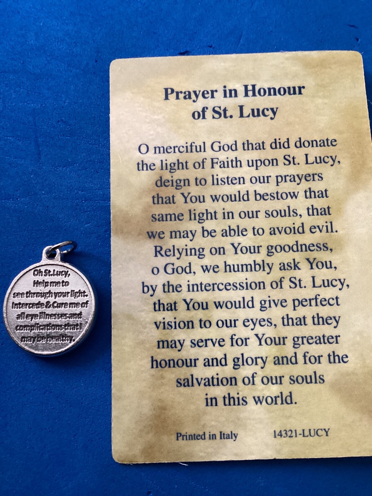St. Lucy Medal + Relic Card Patron St. of Eye disorders