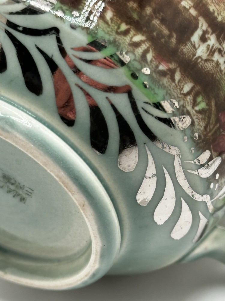 Rare Silver Overlay Pastoral Scene Poly Brown Transferware Cup