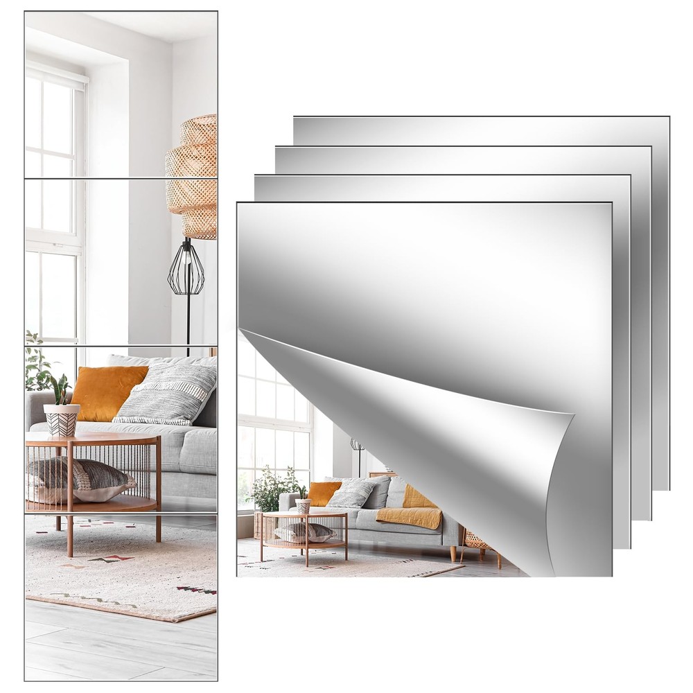 Acrylic Wall Mirror, 4 Pack, 12x12 Inch, Frameless, Modern, Rectangular, Shatter