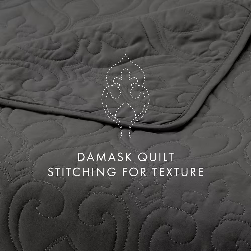Damask Gray Microfiber Queen Performance Quilted Coverlet Set