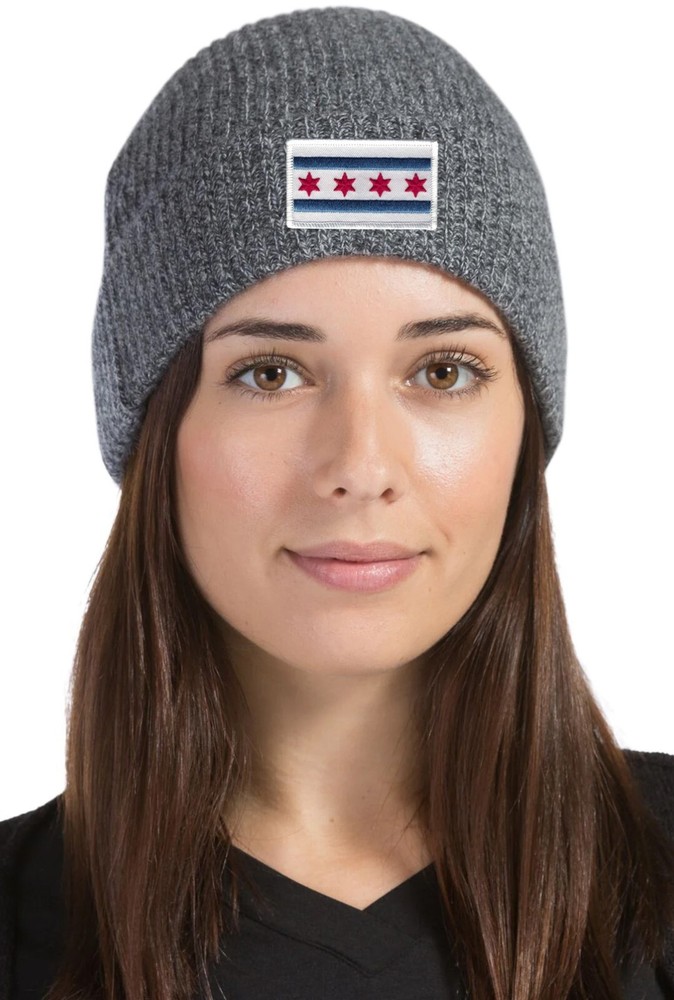 Chicago Flag Patch Cuffed Ribbed Beanie Hat White Border Mix Grey