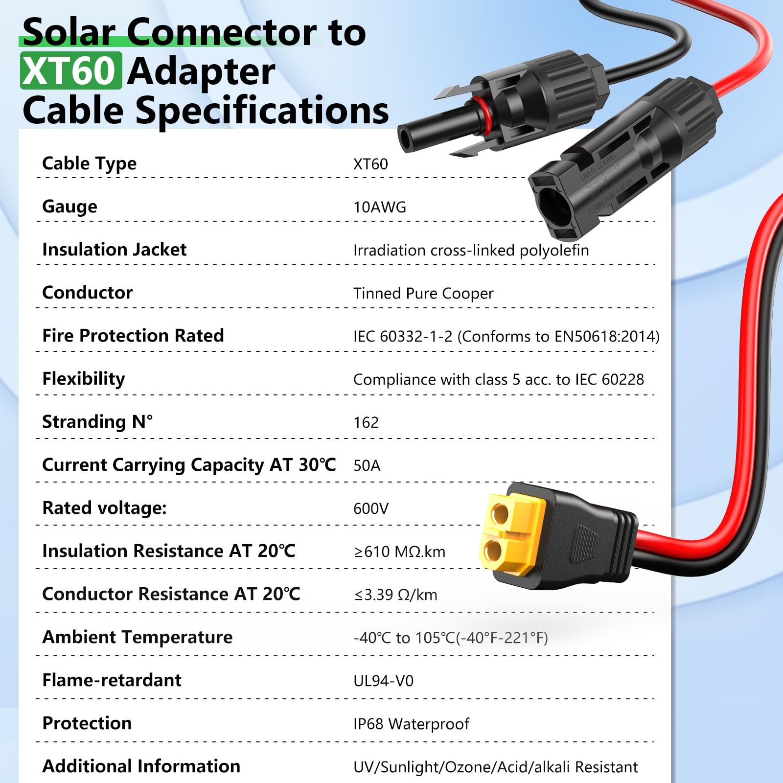Vansdon 10AWG XT60 Solar Cable- to Cable 20FT Charging 10AWG-20FT