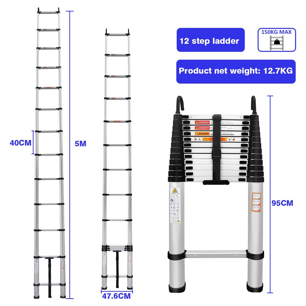 5m Telescopic Ladder Extendable Step Ladder Folding Multi Purpose Ladder + Hook