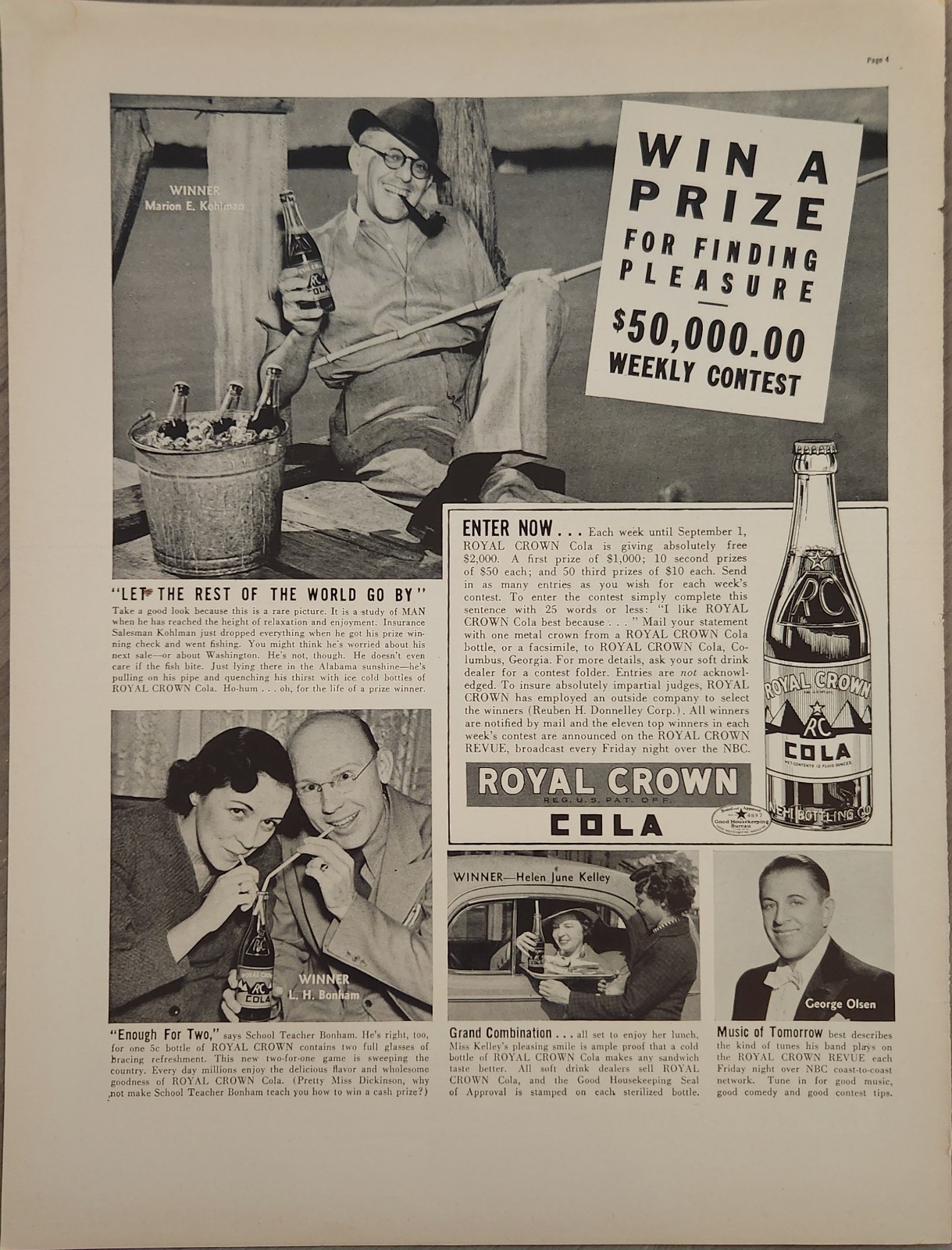 1938 Royal Crown Cola Vintage Ad Win a Prize Weekly Contest