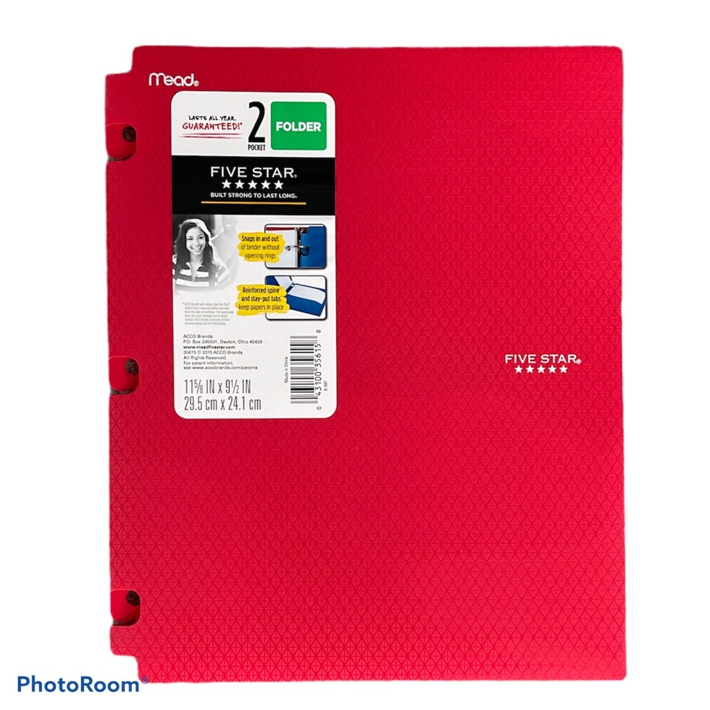 Five Star Snap-in Plastic Folder for Binders 2 Pocket Red- 3 Pack-New