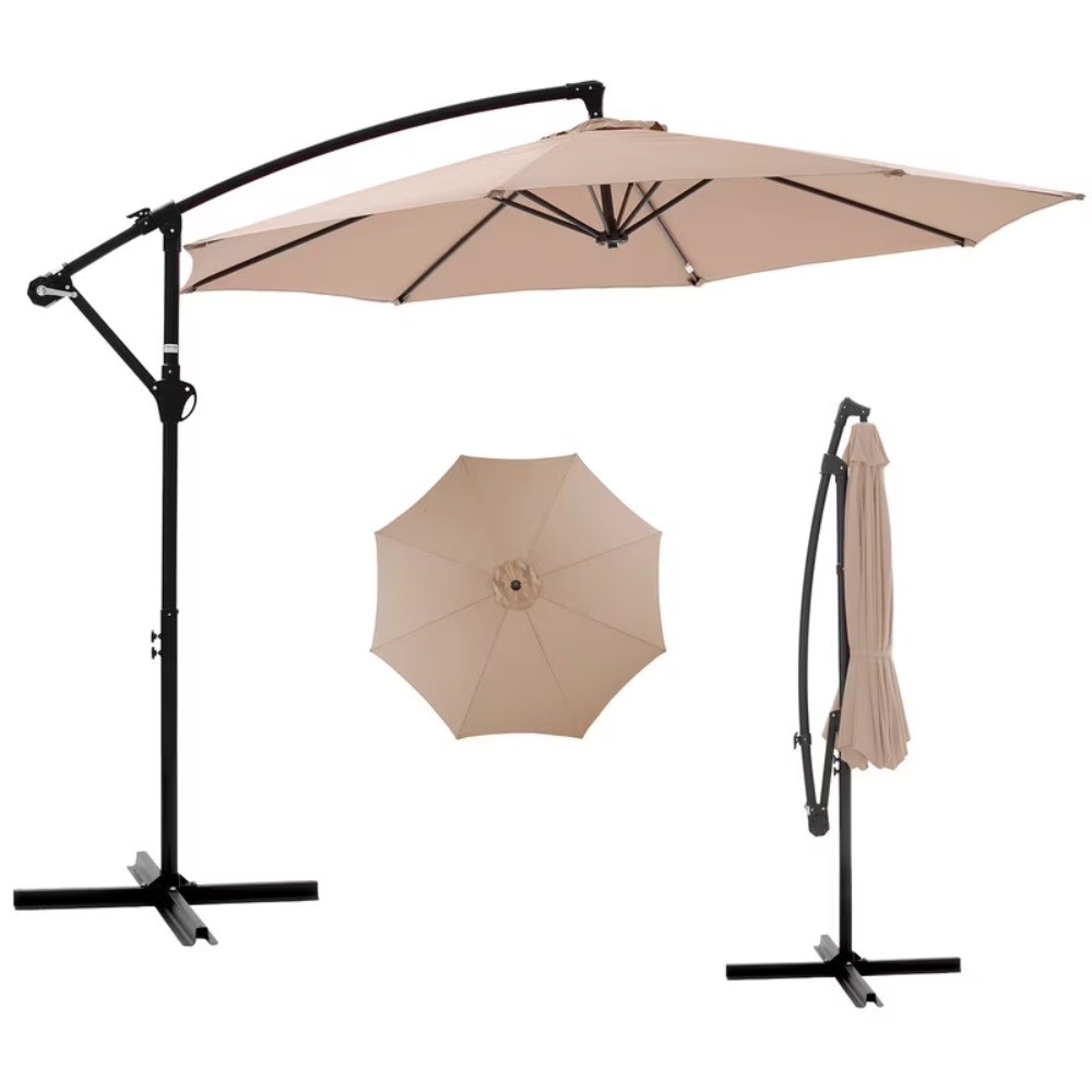 10ft Offset Hanging Patio Umbrella with Aluminum Stand, 8 Ribs, Khaki