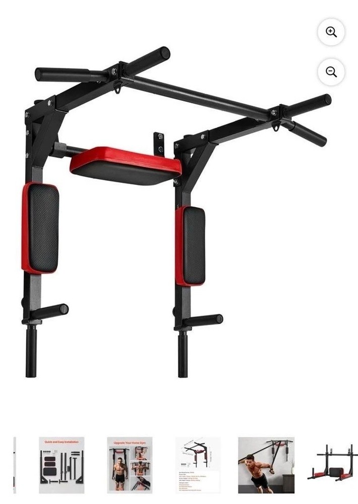 Wall Mounted Pull Up Bar with Dip Station, Arm Pads, Adjustable, Black/Red