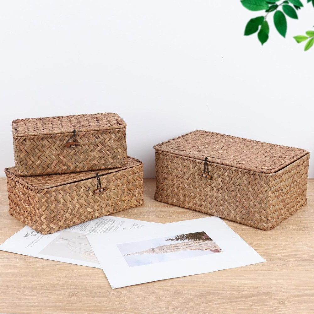 FEIALNDUO Wicker Shelf Baskets with Lid,Seagrass Storage Basket Bins Rectangular