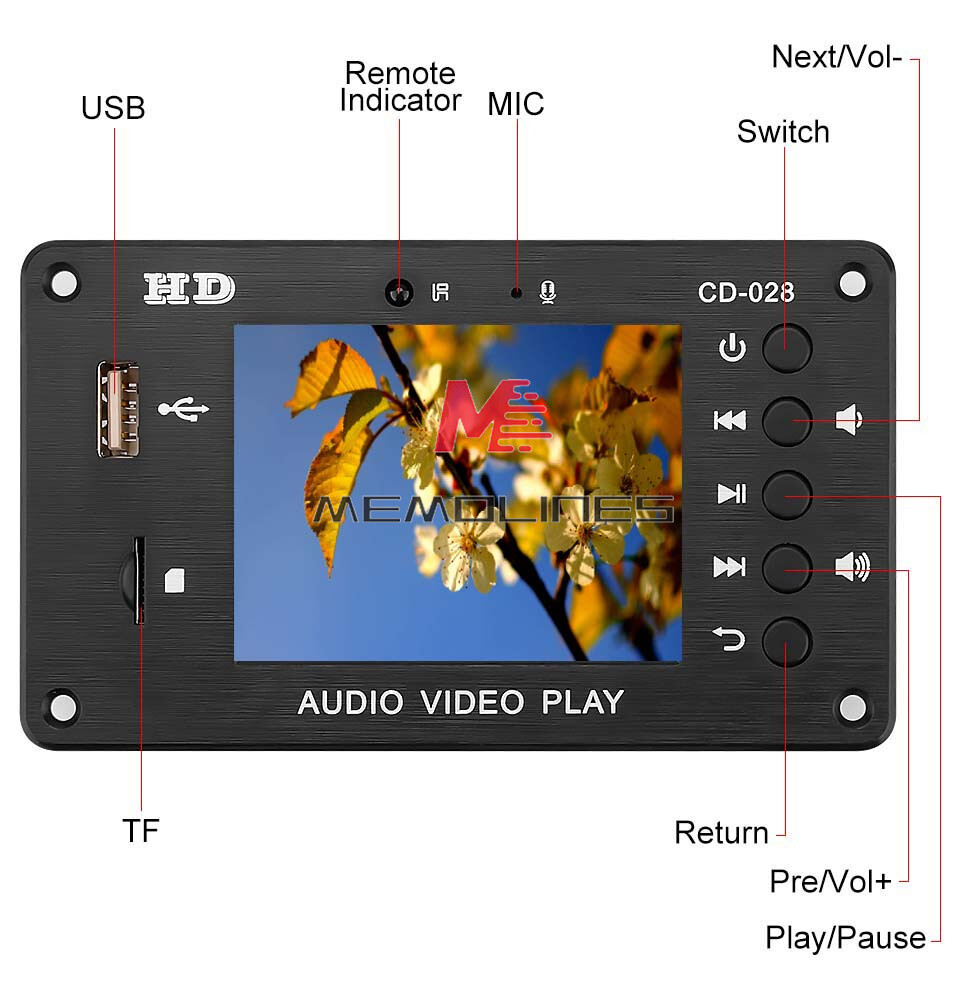 5v-24v 5.0 Bluetooth Call LCD Multimedia Playback 2.8'' MP5 Video Decoding Board