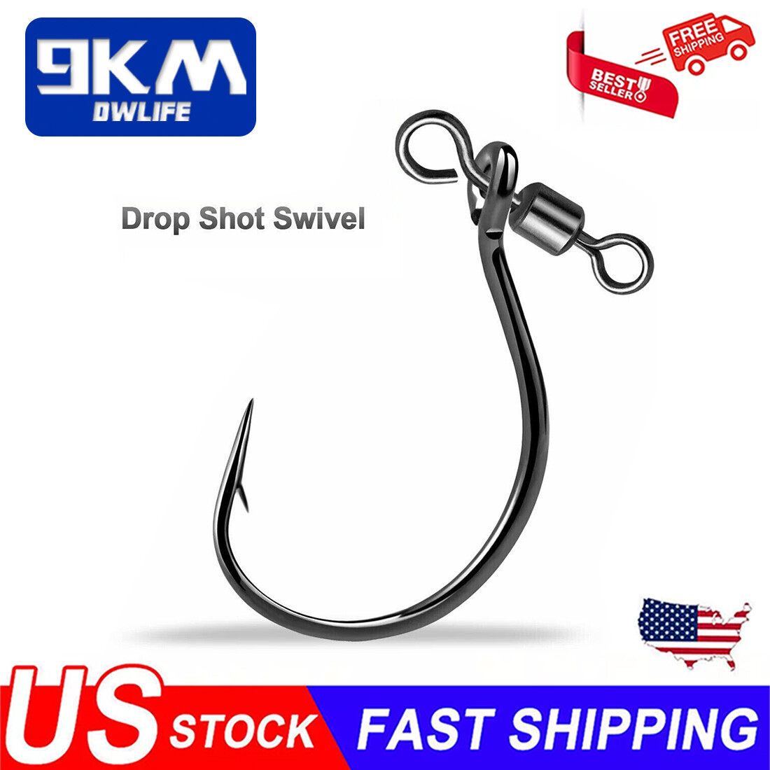 50Pcs Drop Shot Hooks with Swivel Soft Bait Hooks Worm Hooks for Bass Catfish