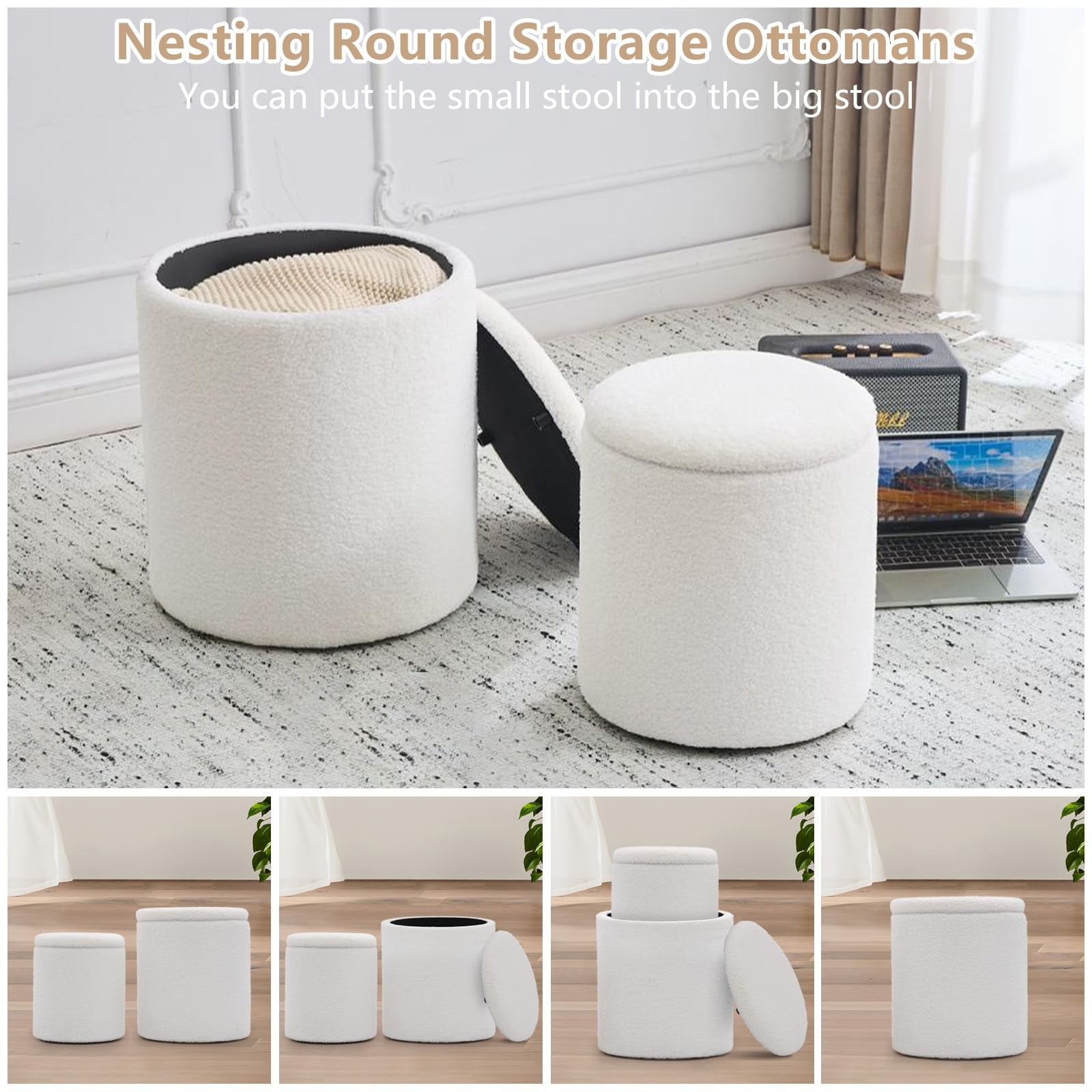 Round Set of 2 Ottoman with Storage, Boucle Storage Ottoman Foot Stool, Soft ...