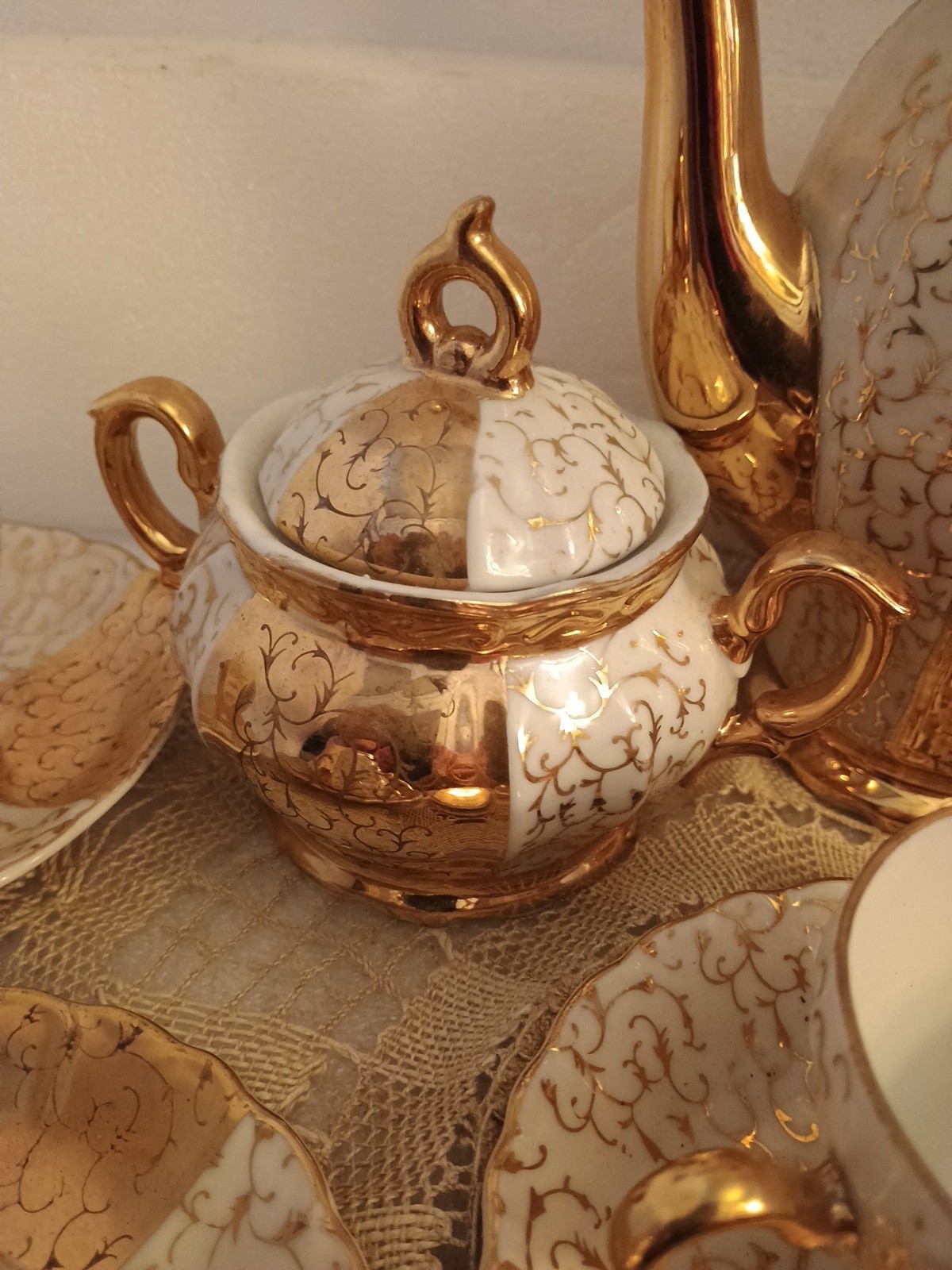 Antique Bavarian Gilded porcelain tea Set! Woldershof Pat 55! Good Condition