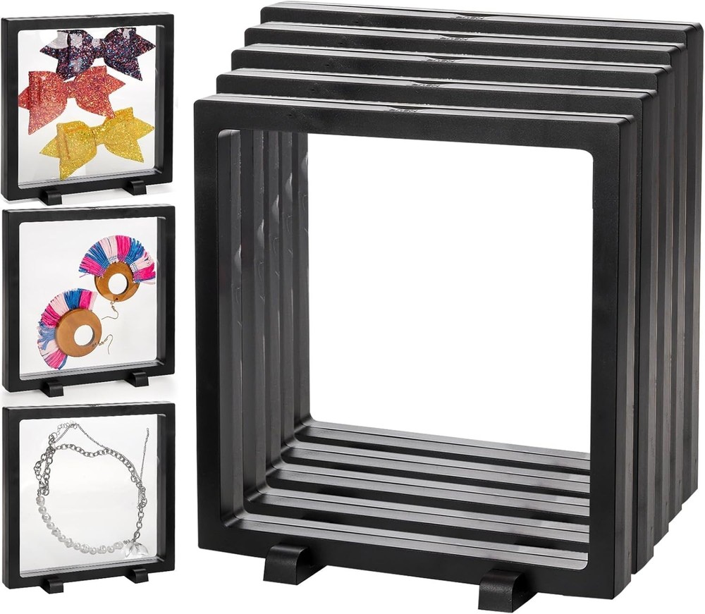 8 Pack Large 3D Floating Display Case, 6" Black Rock Display Frames with Stan...