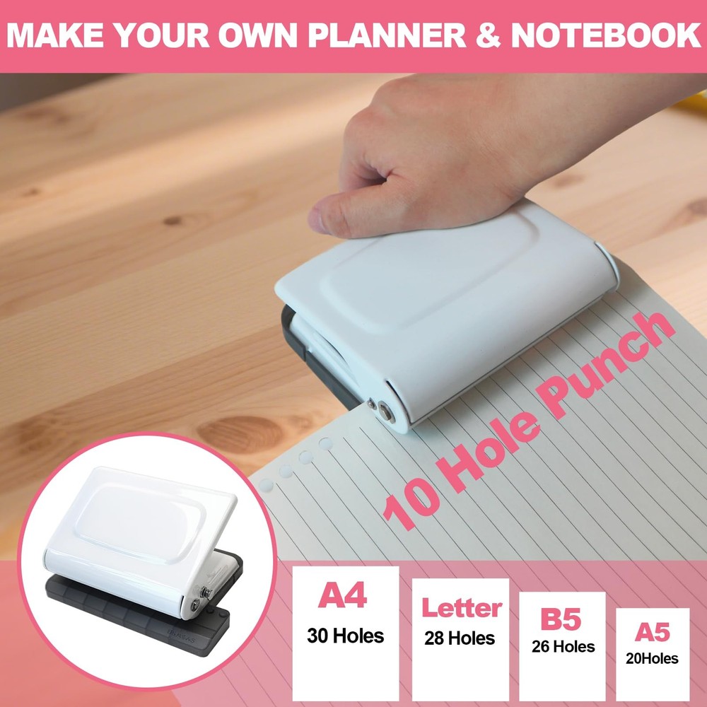 10 Hole Punch Binding Machine for Planner, Manual Binding System with 10 Mult...