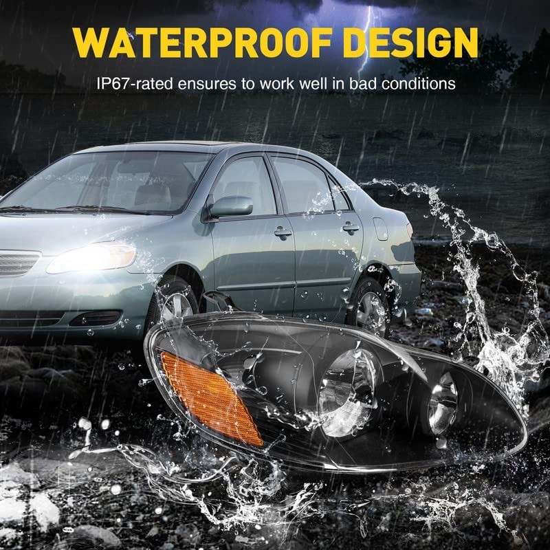 Headlight Assembly, Compatible with 2003-2008 Corolla, Amber Corner, Black