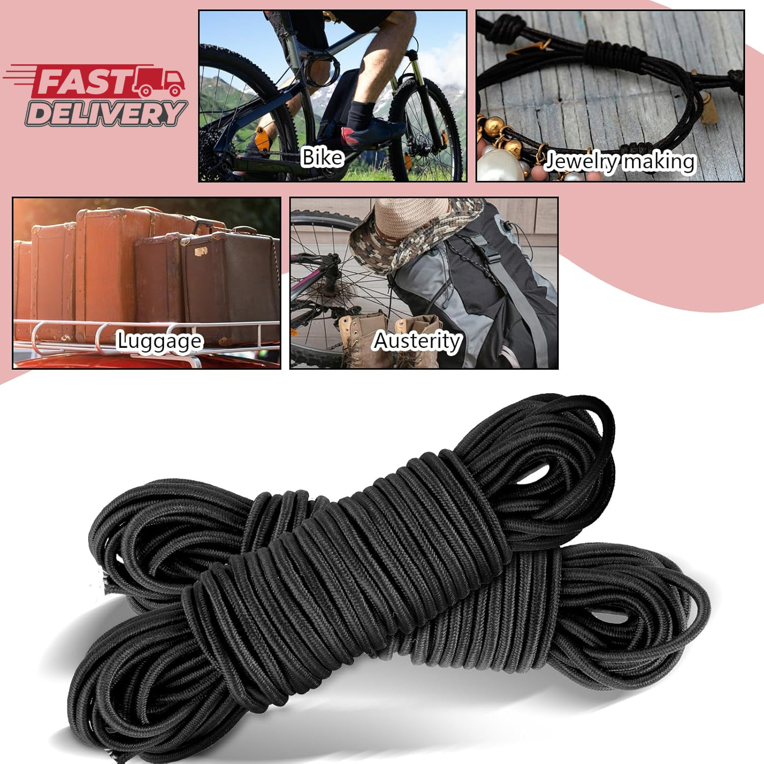 33Ft Long Kayak Bungee Cord 1/8 Inch Heavy-Duty Black Bungee Shock Cord Roll Ela