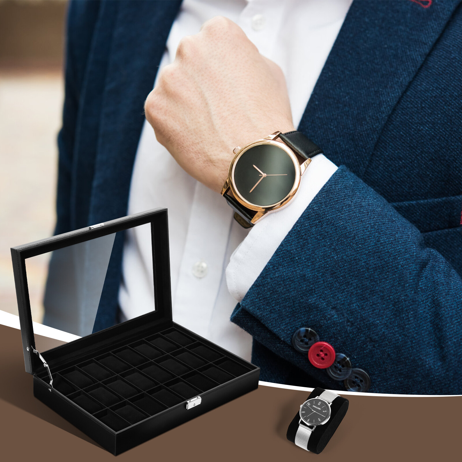 24 Slots Watch Case Box PU Leather Glass Lid Jewelry Organizer Display Case Gift