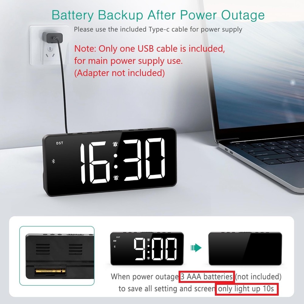 Digital Alarm Clock, LED Bedroom Clock with Bluetooth Sync Time, Auto Sync Ti...