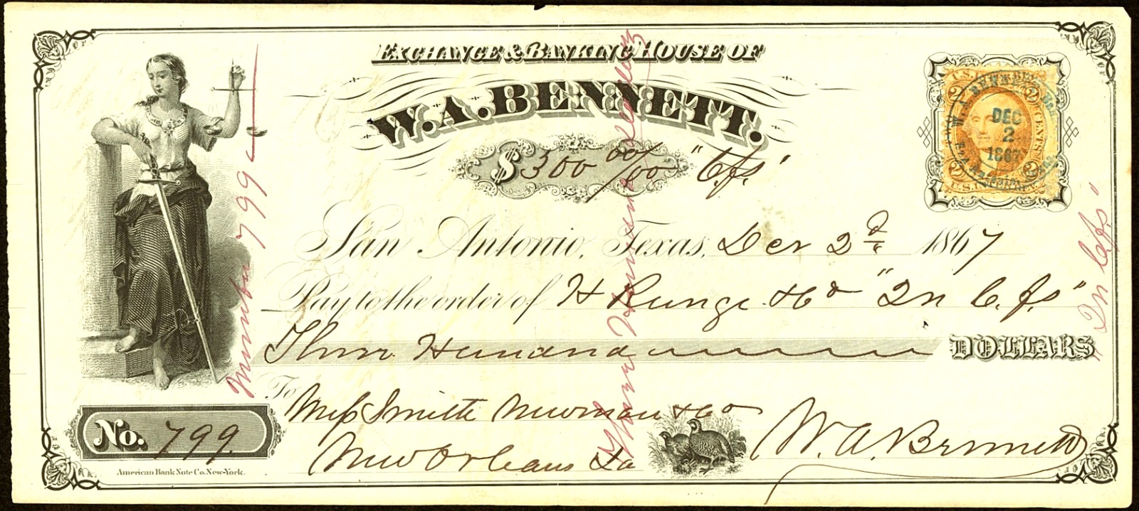 TX $300 SAN ANTONIO Texas W A Bennett Exchange & Banking House Dec. 2nd, 1867