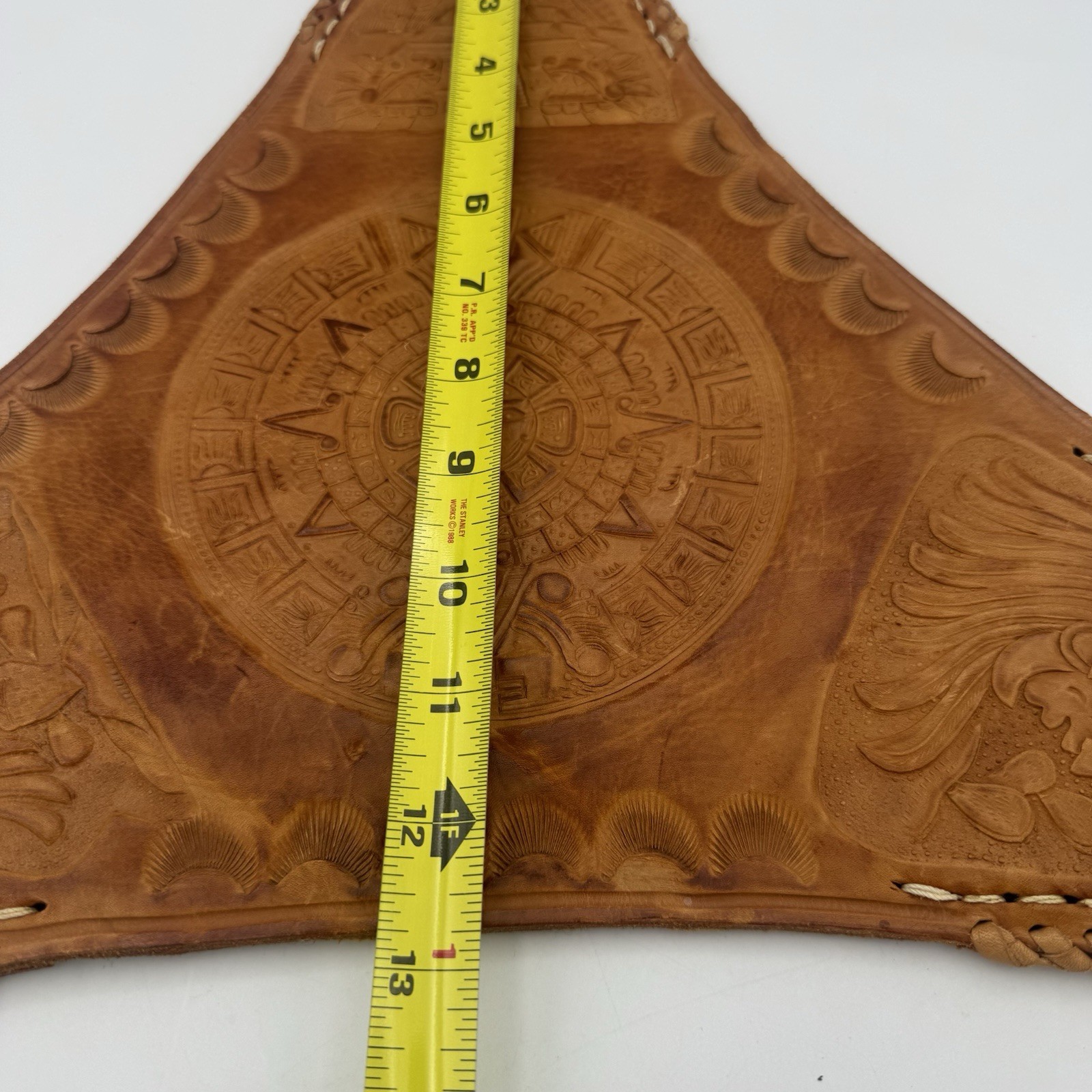 Vintage Hand Tooled Mexican Leather Aztec Calendar Tripod Saddle Stool Cover