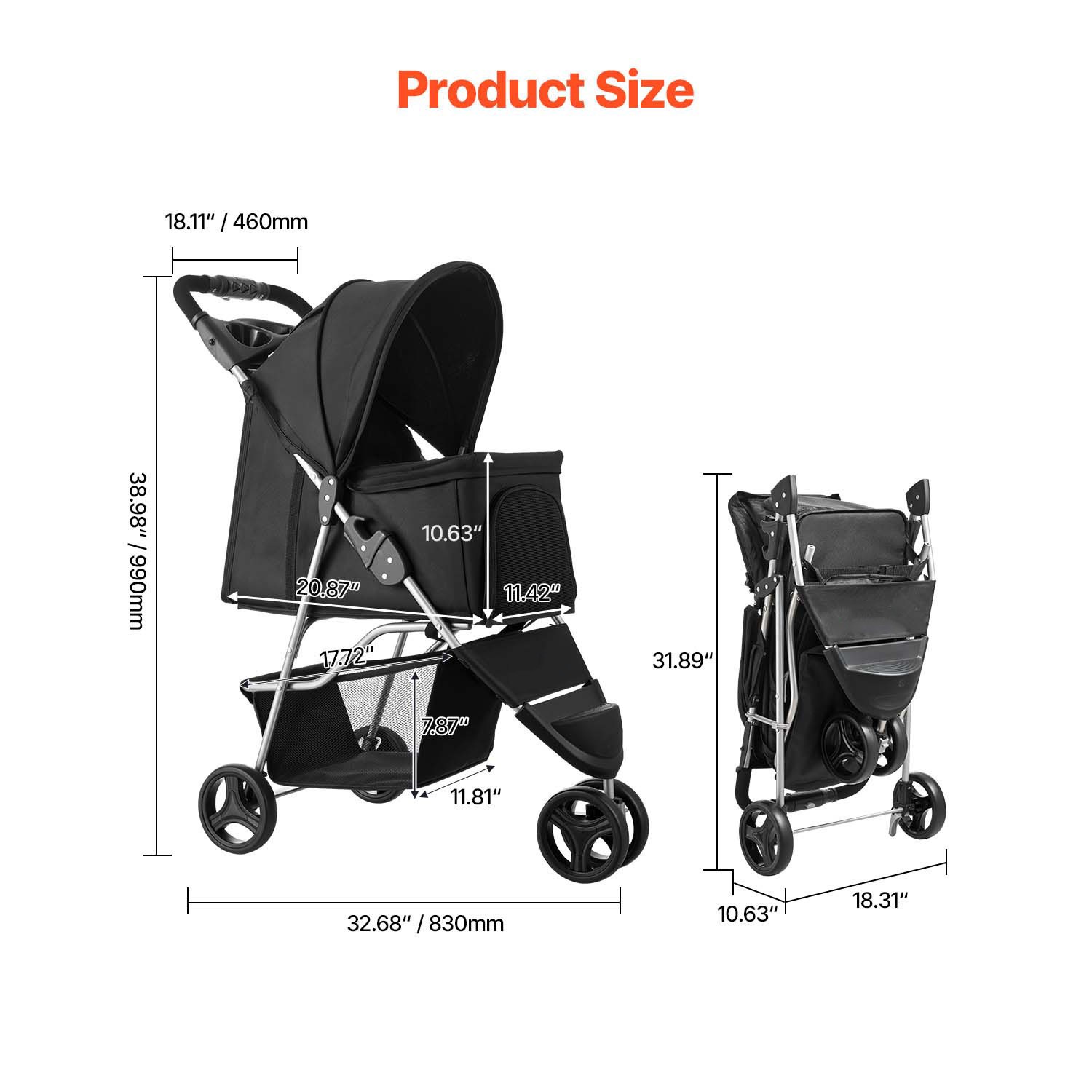 Pet Stroller Foldable 3 Wheels Dog Stroller with Brake up to 35lbs