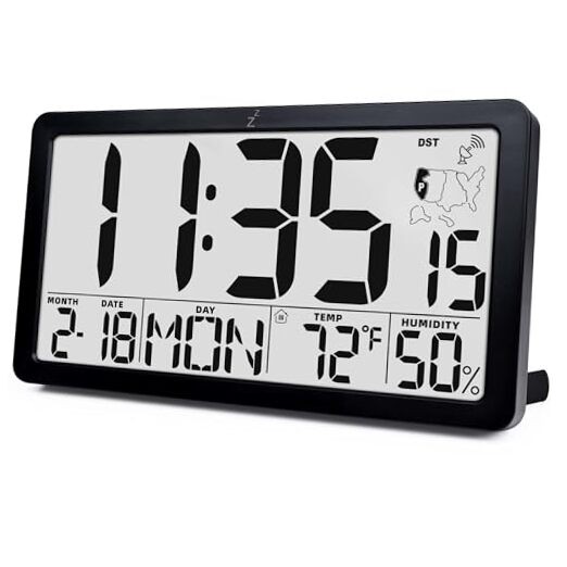 Atomic Digital Wall Clock, Battery Operated with Temperature & Black -Atomic