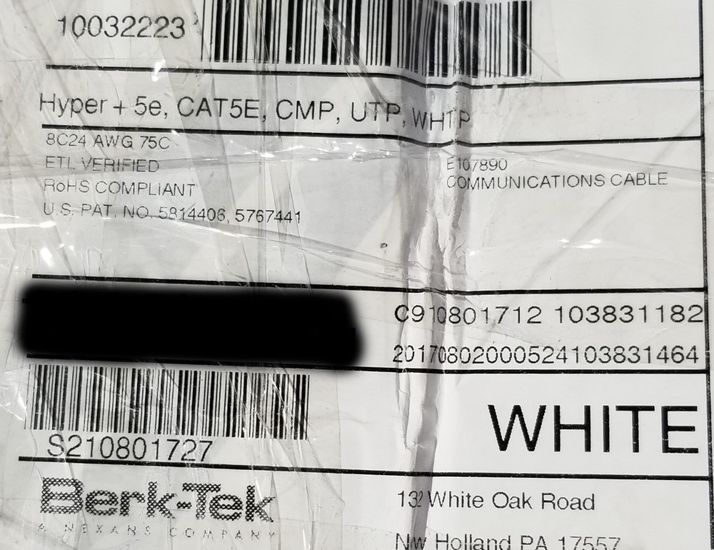 Berk-Tek 24/4P HyperPlus Cat5E Plenum U/UTP Networking Cable CMP White /100ft