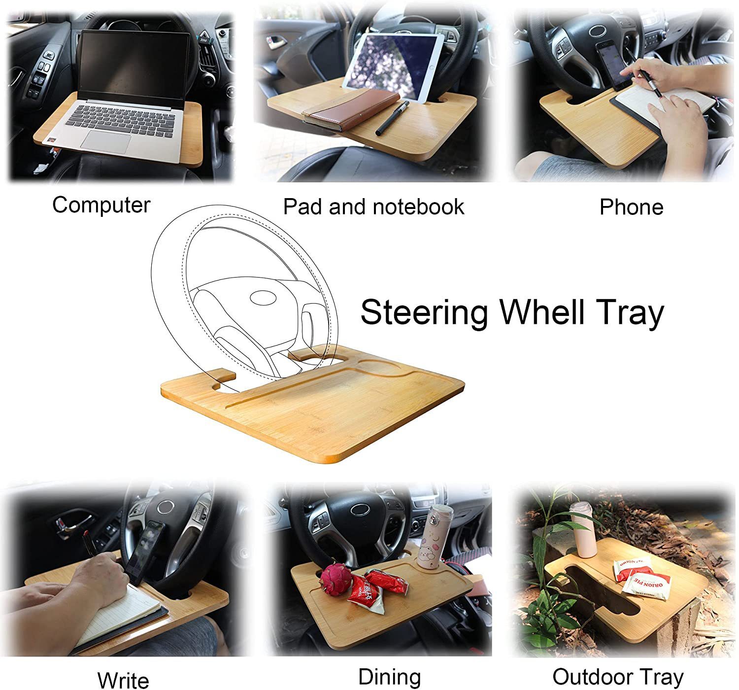 2 in 1 Car Steering Wheel Desk Bamboo Steering Wheel Tray Car Laptop Food Table