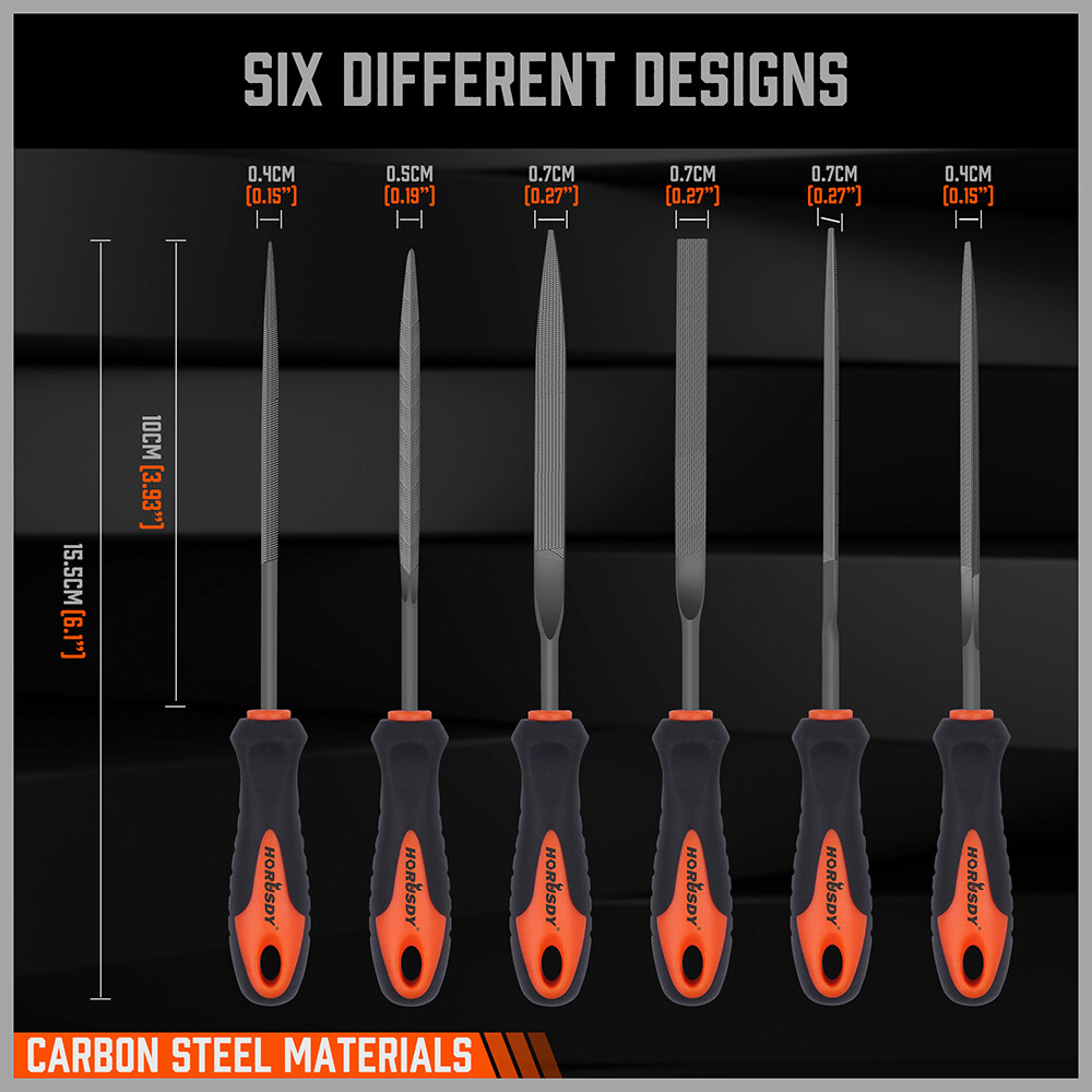 6PC Needle File Set 6" Flat Square Triangular Round Half-Round Strength W/ Pouch