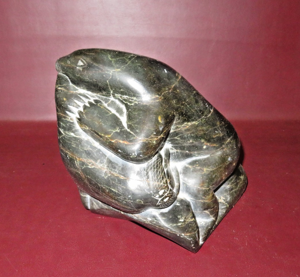 Vintage Canada Eskimo Art Inuit Hand Carved Soapstone Polar Bear Fish Sculpture