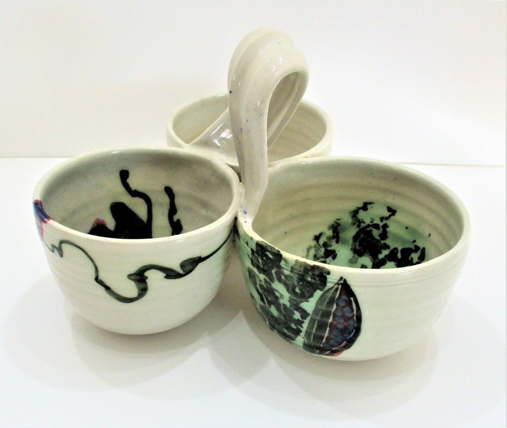 Pottery Condiment Dish Server 3 Section Artisan Made Hand Painted Fruit Signed