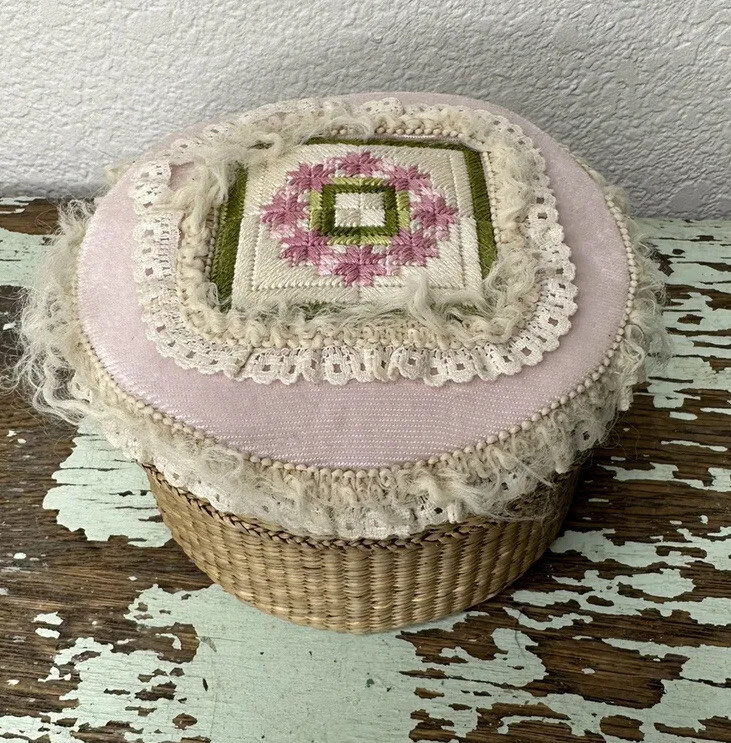 Vintage Small needlepoint top Sewing basket Container