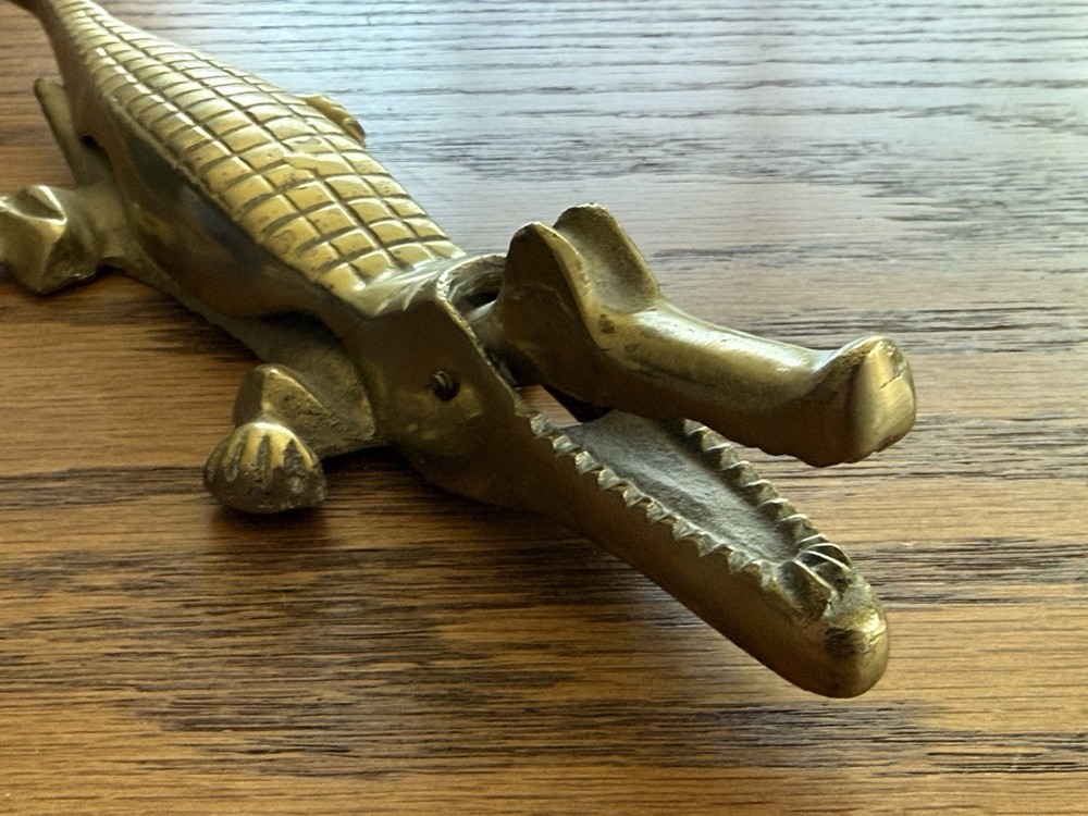 Vintage Solid Brass Alligator Crocodile Nutcracker MCM Figurine 10"