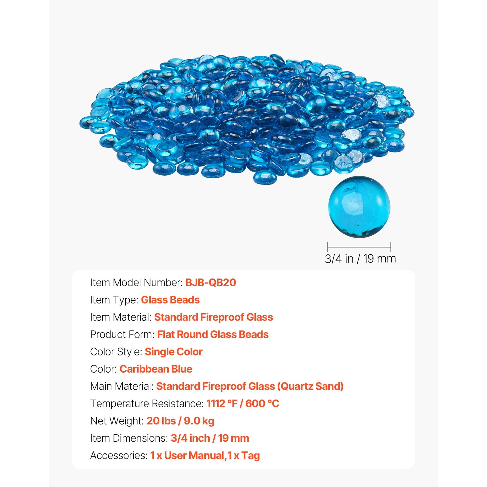 Uimoso 20 lbs 3/4" Caribbean Blue Fire Glass Beads for Fire Pits and Fireplaces