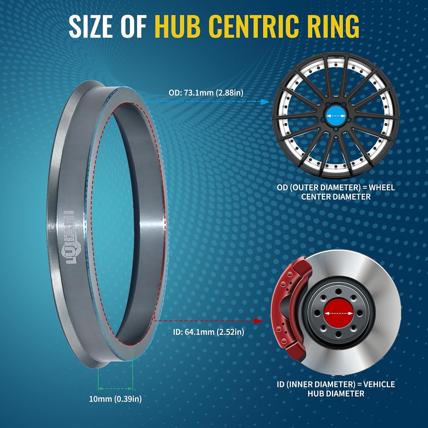 4 Pack Universal Car Hub Centric Ring, 64.1 mm ID to 73.1 mm OD Centerbore, Alum