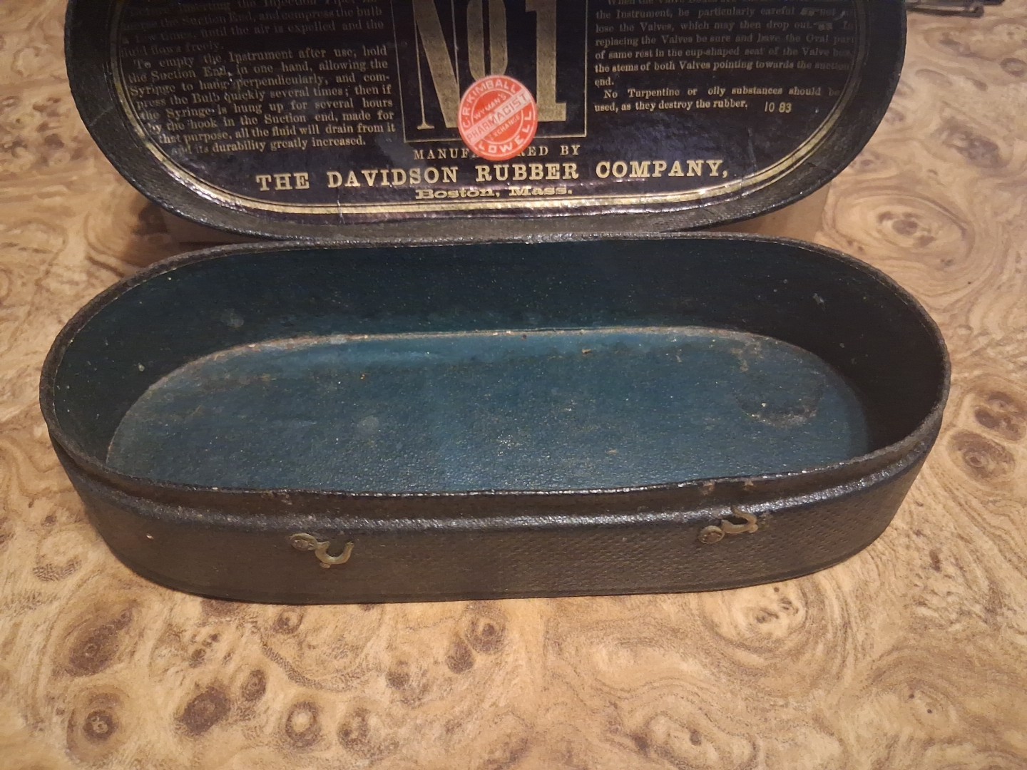 ANTIQUE 1883 DAVIDSON SYRINGE NO 1 CASE ONLY ORIGINAL PHARMACY STICKER