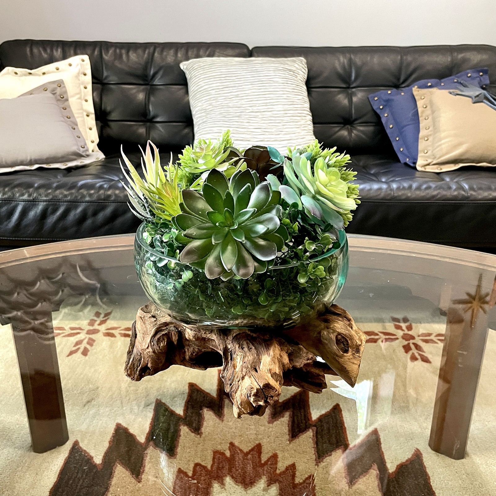 Molten Glass Bowl on Driftwood 10" Hand Blown Decorative Centerpiece Planter