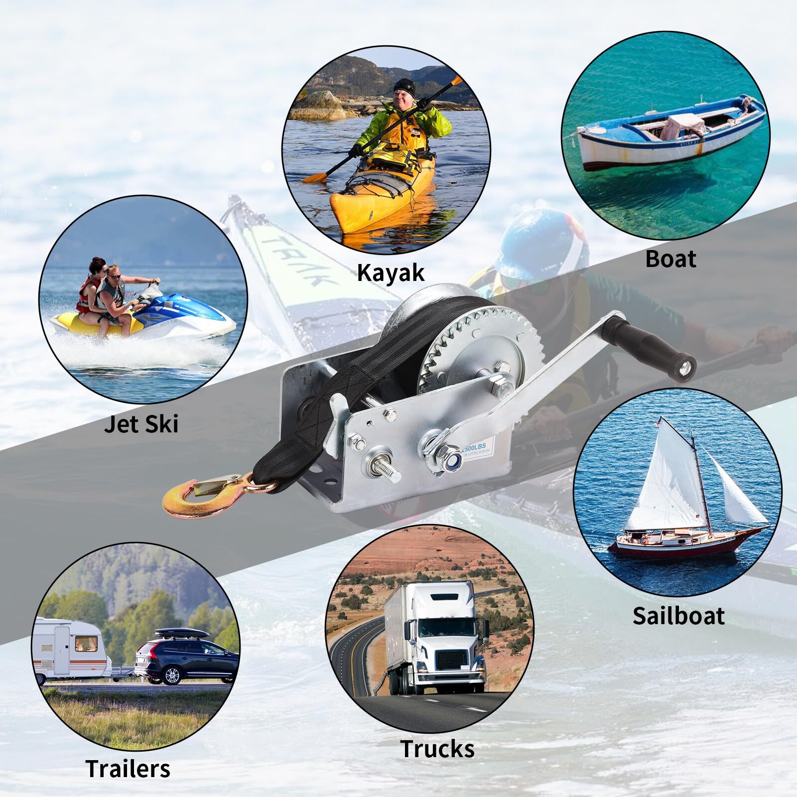 Boat Trailer Winch 2500lbs 2 Gear Polyester Strap Winch ATV Boat Trailer