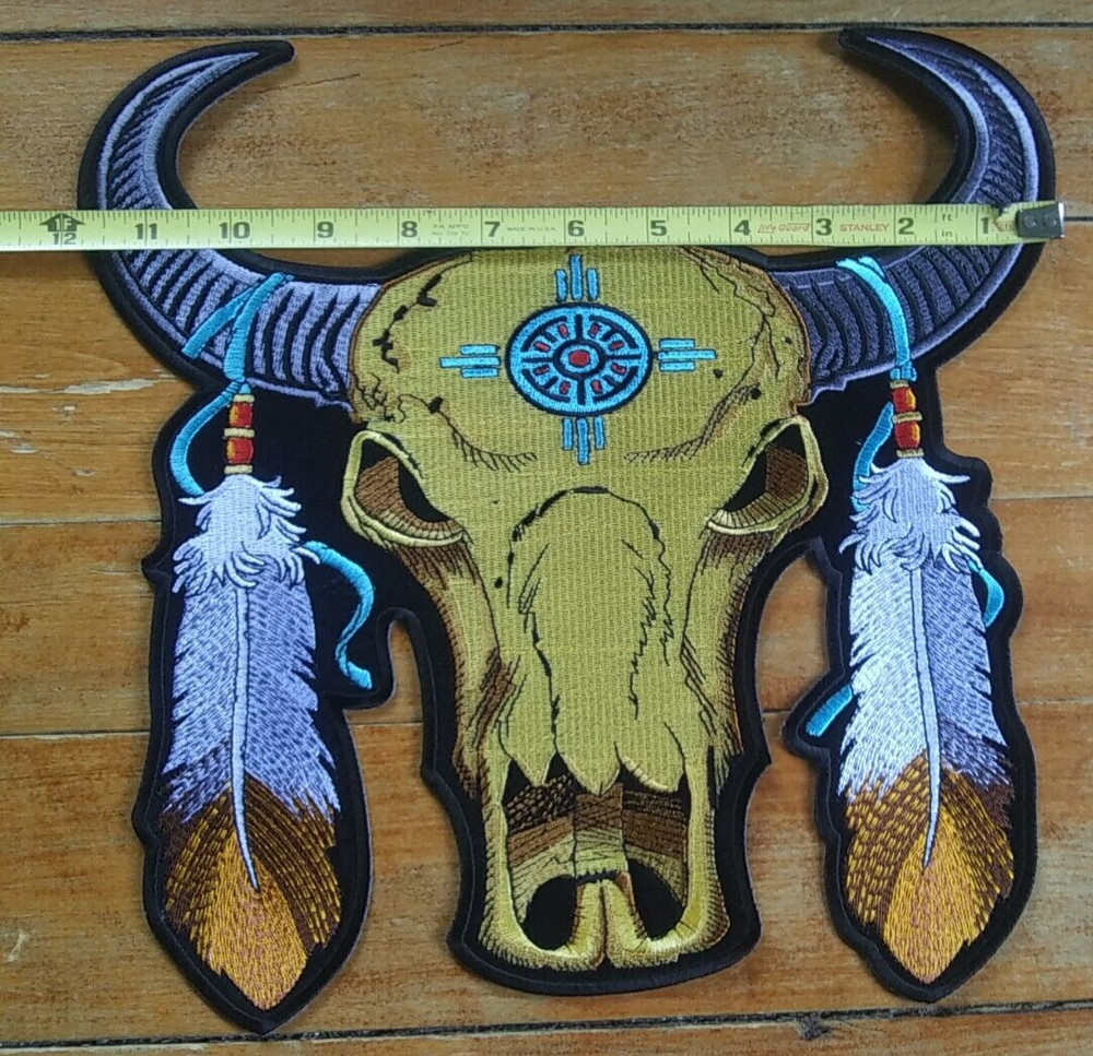 LARGE Embroidered Back Patch Bull Buffalo Skull with Feathers Biker Jacket PATCH