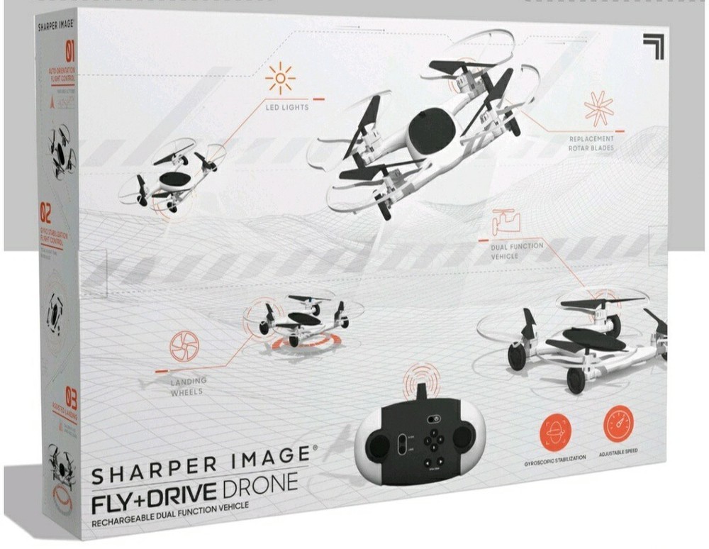 SHARPER IMAGE FLY + DRIVE 7" DRONE RECHARGEABLE DUAL FUNCTION 2.4GHZ LONG RANGE