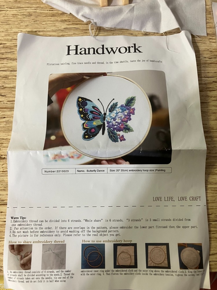 3 Handwork embroidery kits Butterfly, Dance, Fly, Float, hoops, thread, tools