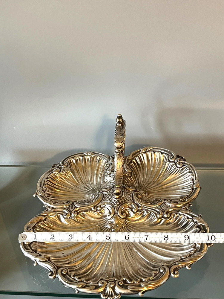 Antique Silver Plate Triple Shell Footed Serving Tray