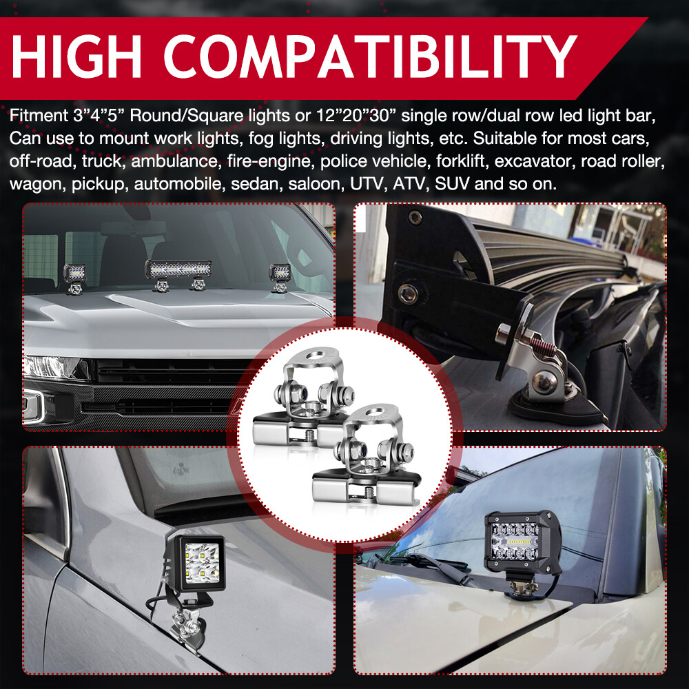 2x Universal A Pillar Hood Mount Bracket Clamp Holder LED Ditch Light Bar Pods