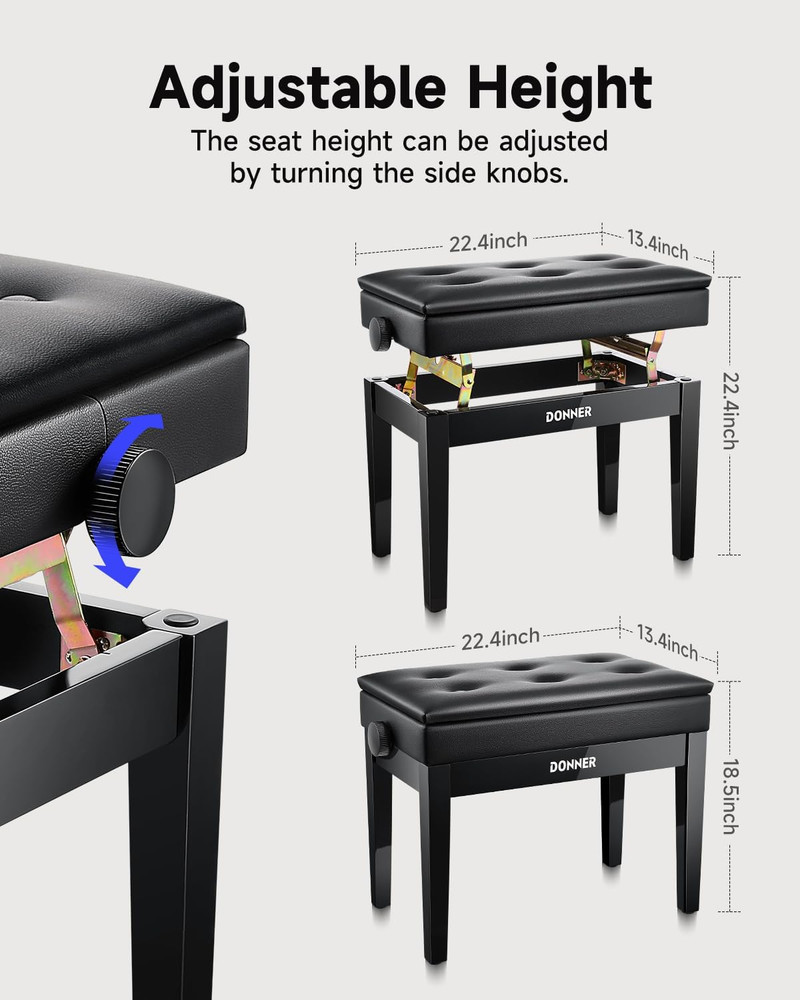 Adjustable Piano Bench with Storage & Cushion - Solid Wood Black Stool