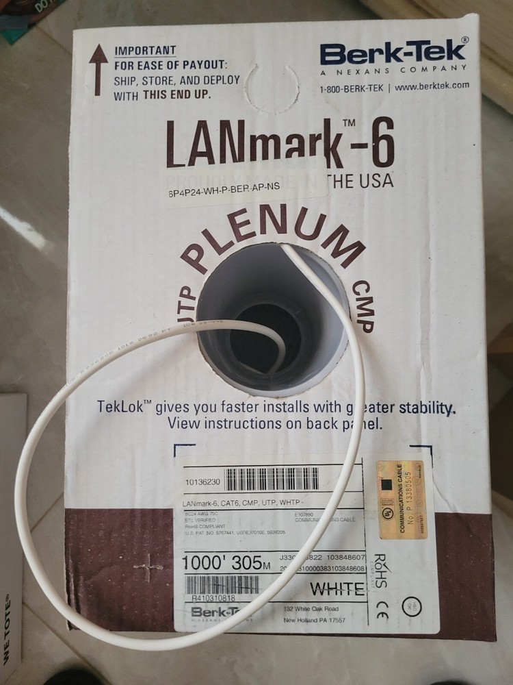 Berk-Tek Lanmark-6 White Plenum 692ft Cat6 CMP 10136230