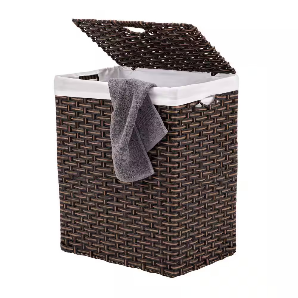 Laundry Hamper Basket Lidded Rectangular Brown Collapsible Wicker Washable Liner