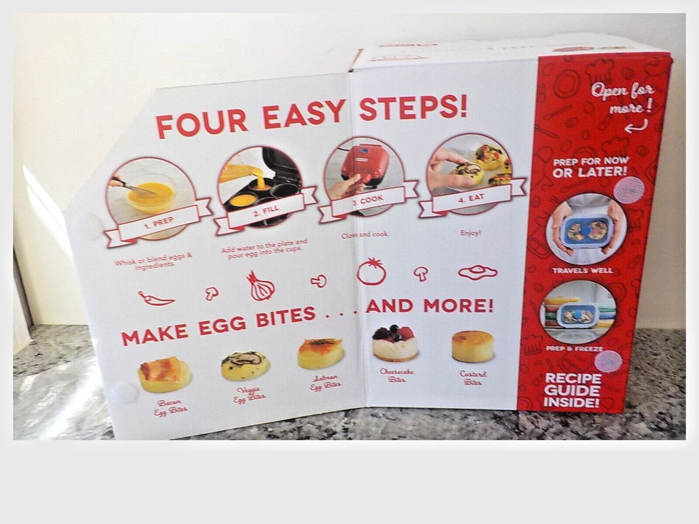 DASH RED Egg Bite Maker Fast Heating w/ 4 Silicone Molds & Recipe Guide
