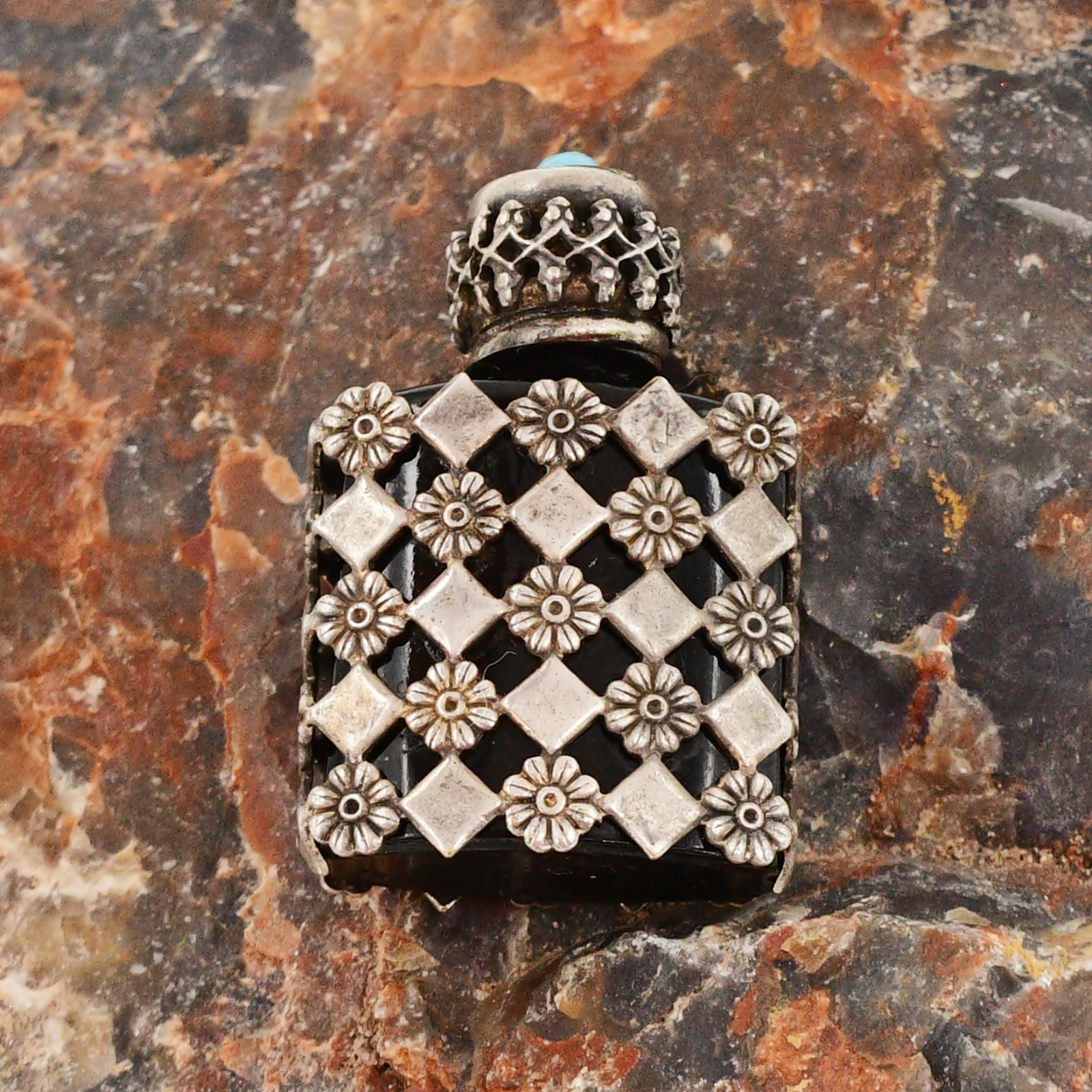 Sterling Silver 925 Vintage Turquoise Gemstone Flower Perfume Bottle