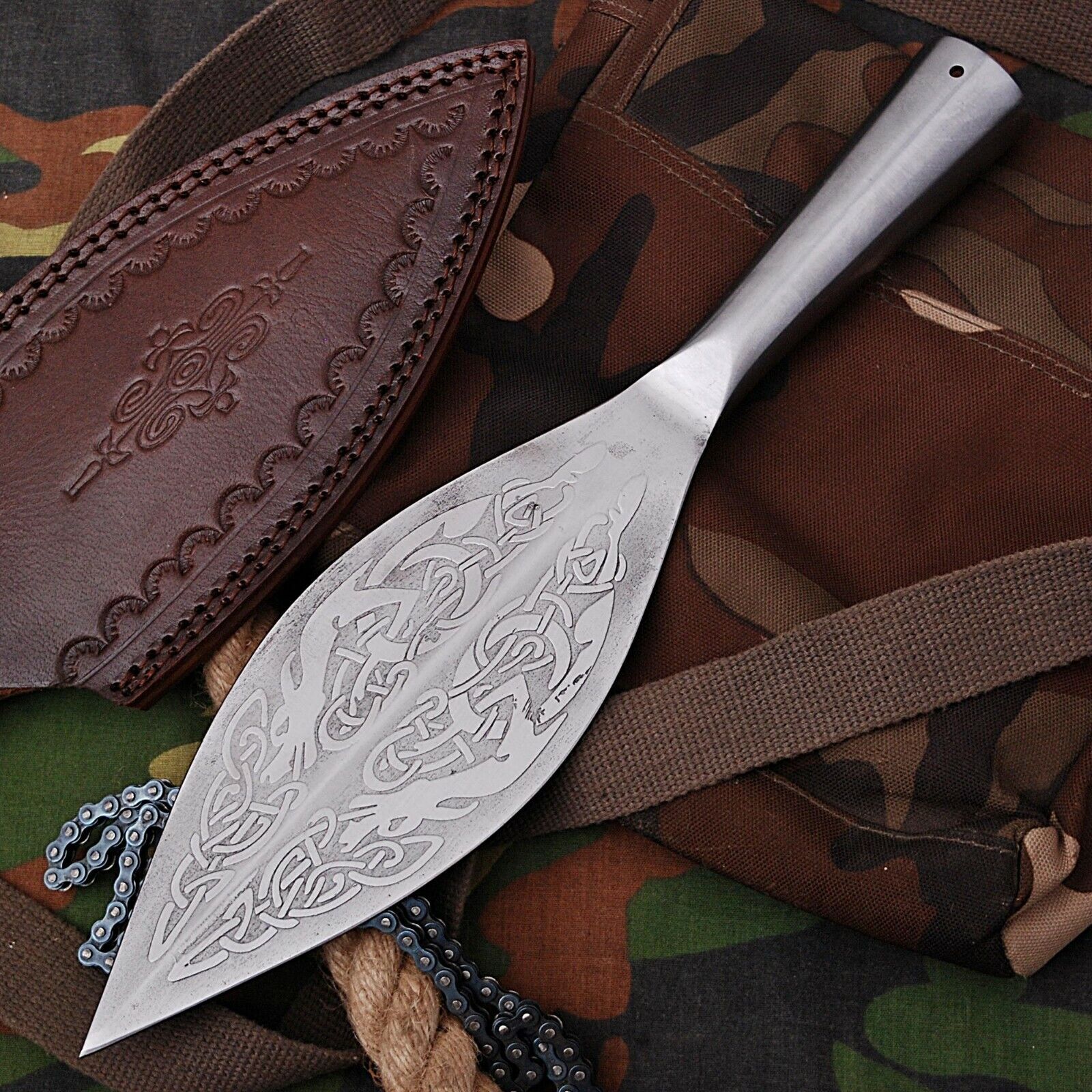 Norse Viking Leaf Long Spear Head High Carbon Steel with Sheath